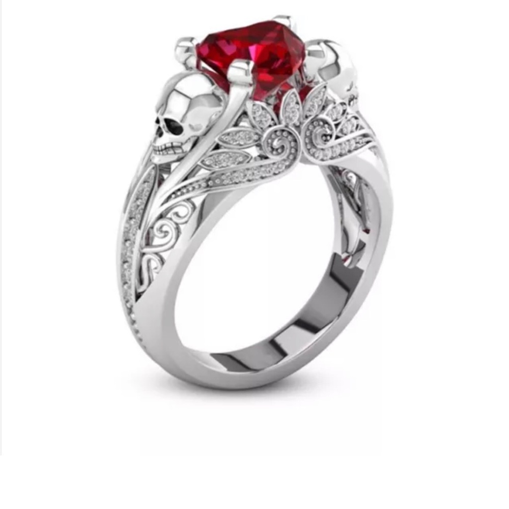 18k White Gold Filled Heart Cut Red Ruby Women's 925 Sterling Silver Skull Ring
